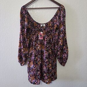 NWT Roxy Sweetest Shores Mini Dress Womens XS Black Pink Floral Long Sleeve